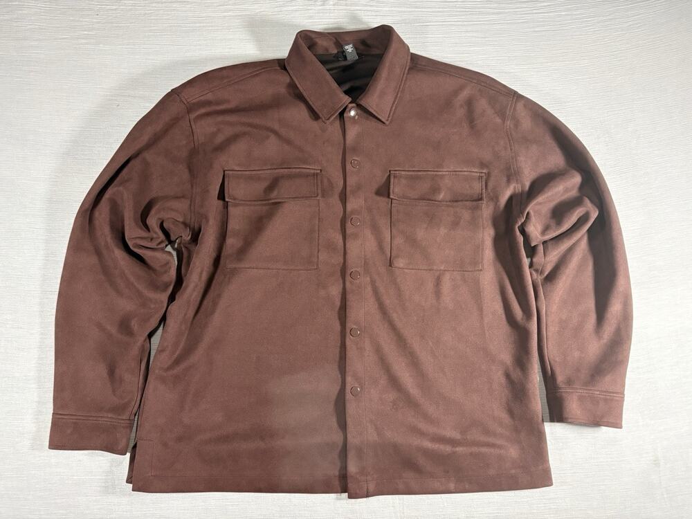 Forever 21 Mens XL Brown Faux Suede Shirt Jacket Shacket Snap Button Overshirt
